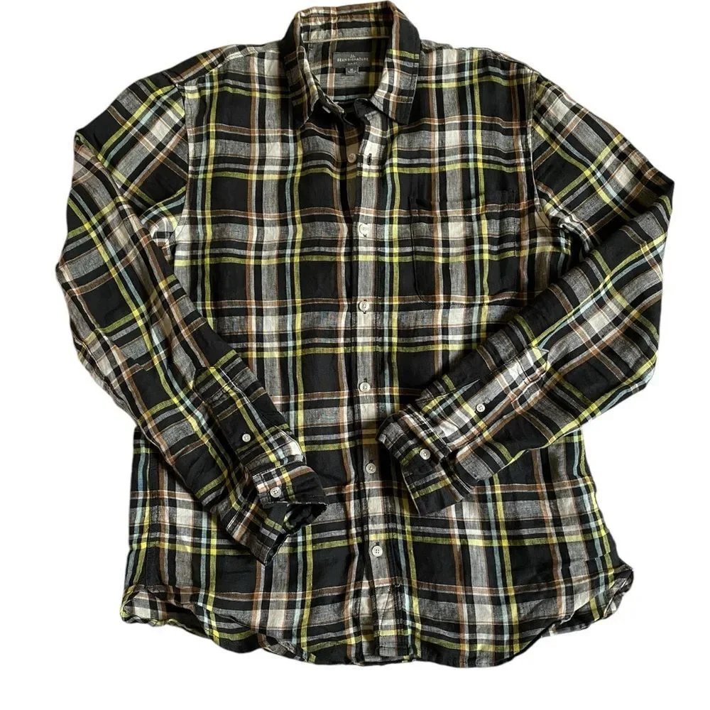 LL Bean Signature Men's Slim Fit Button Up Linen Shirt Size M Plaid Preppy